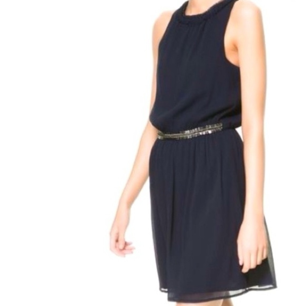 Zara Beaded Embellished Beaded Sleeveless Dress Size Large Blue Flowy Minimalist